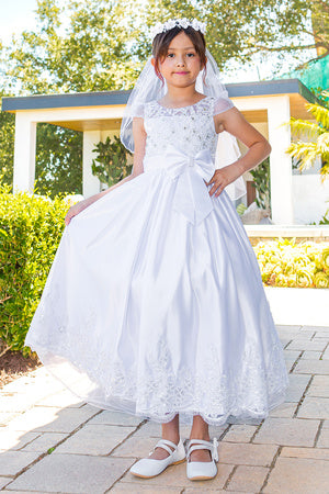 communion dress with beads and laces, back satin sash. 2912 BY CINDERELLA COUNTURE