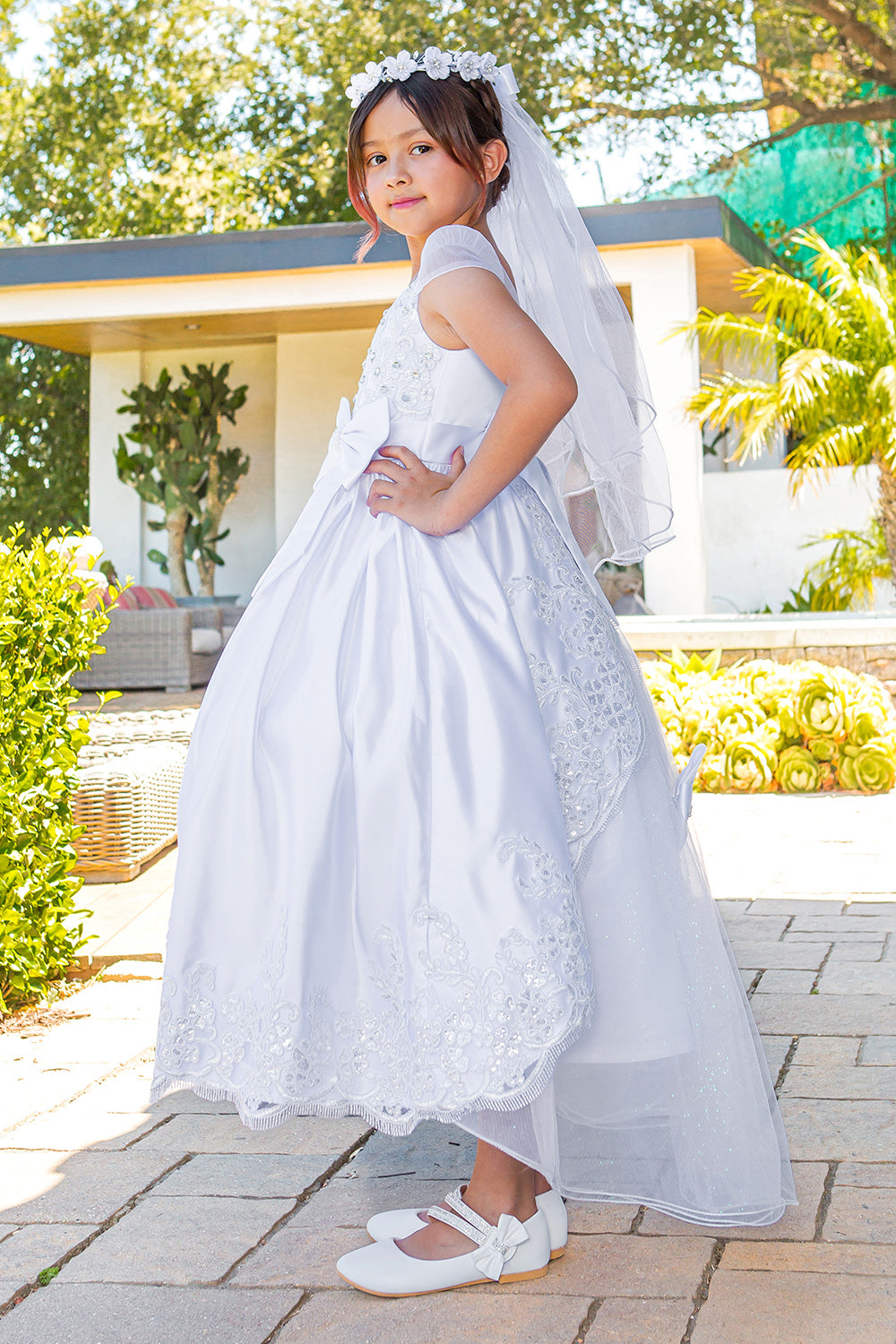 communion dress with beads and laces, back satin sash. 2912 BY CINDERELLA COUNTURE