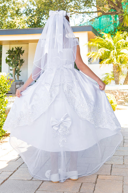 communion dress with beads and laces, back satin sash. 2912 BY CINDERELLA COUNTURE