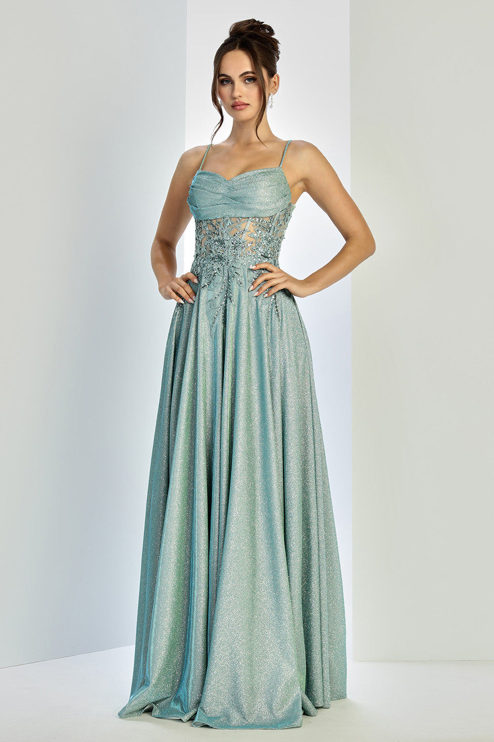 Beautiful sparkly dress with open corset at back. elegant touch of pocket in the skirt. 3232 by ADORA DESIGN