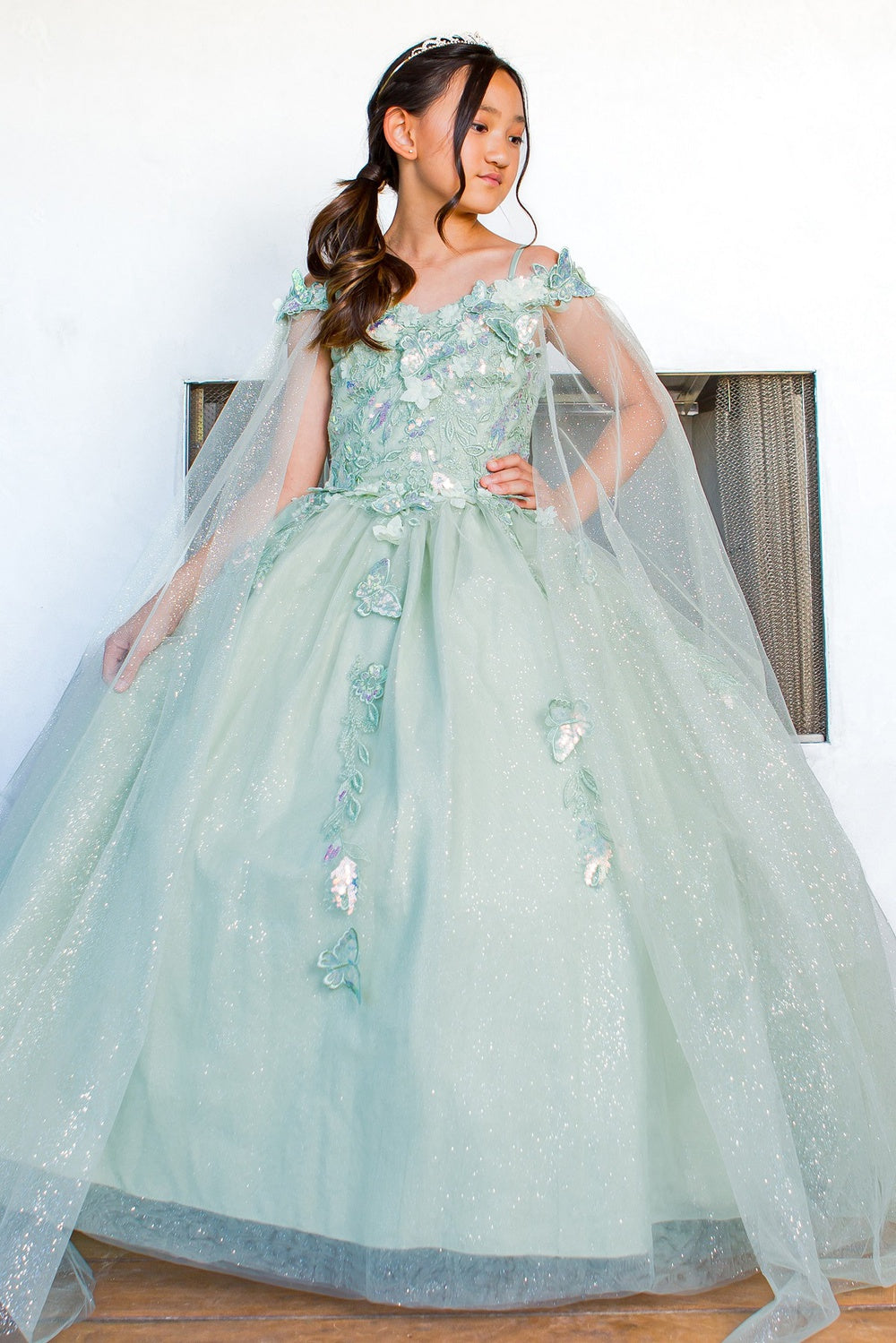 3D floral off shoulder ball gown with glitter skirt, 8075 by Cinderella Counture