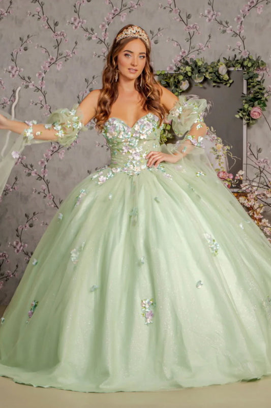 3D Floral Quinceañera Gown Dress applique long strapless bell sleeve dress with A-line skirt by GLS Gloria GL3300.