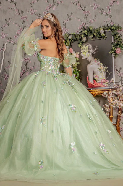 3D Floral Quinceañera Gown Dress applique long strapless bell sleeve dress with A-line skirt by GLS Gloria GL3300.