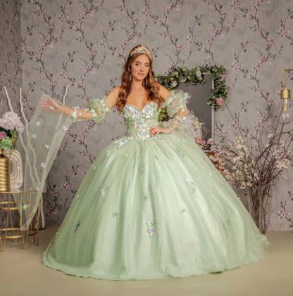 3D Floral Quinceañera Gown Dress applique long strapless bell sleeve dress with A-line skirt by GLS Gloria GL3300.