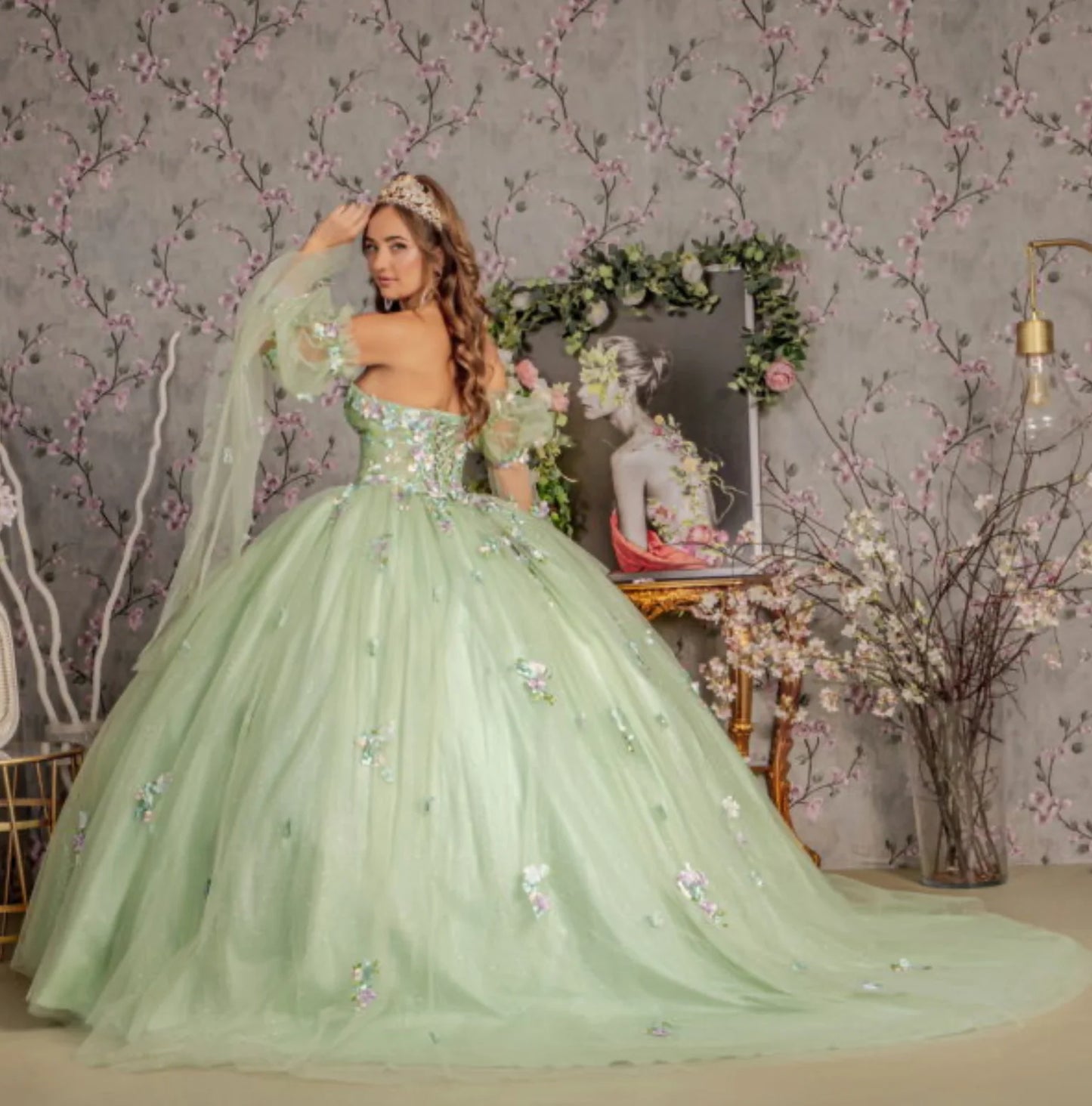 3D Floral Quinceañera Gown Dress applique long strapless bell sleeve dress with A-line skirt by GLS Gloria GL3300.