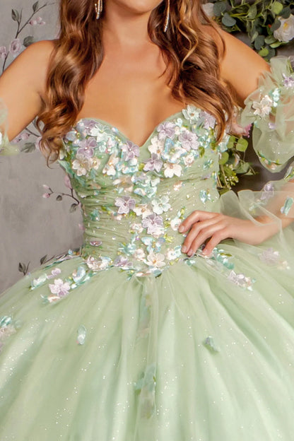 3D Floral Quinceañera Gown Dress applique long strapless bell sleeve dress with A-line skirt by GLS Gloria GL3300.