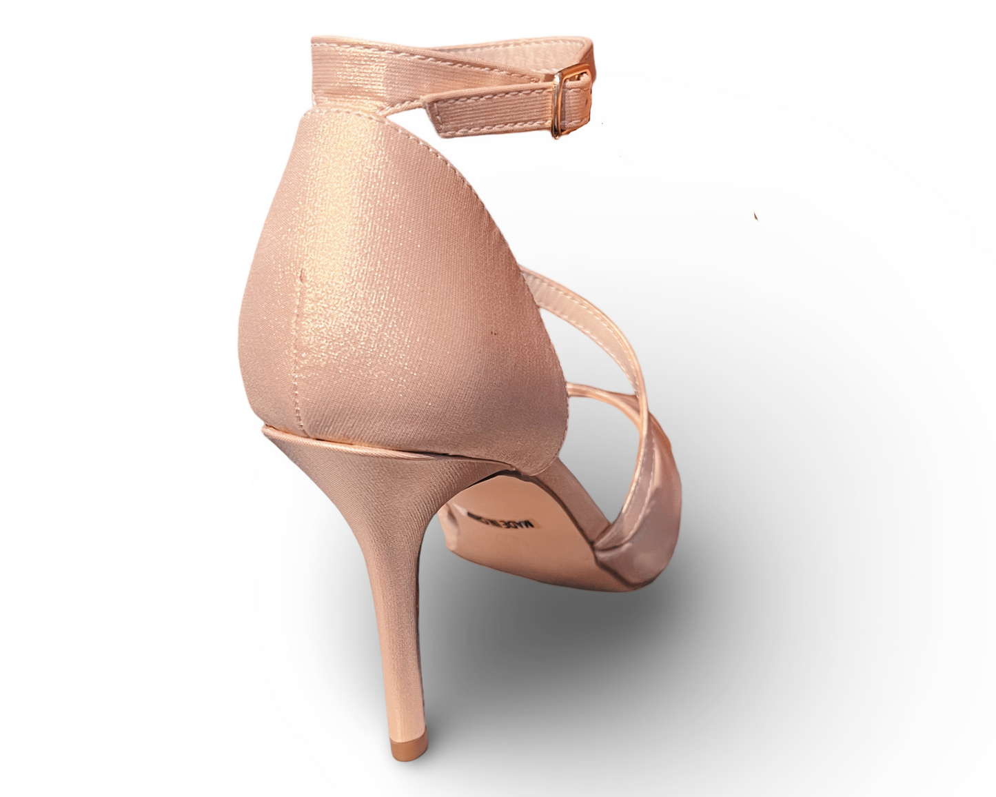 3.5-inch heels, crossover strappy stiletto high-heel, synthetic shimmer. JOSIE-7X BY DEBLOSSOM.