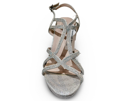 Shimmery 3.5 inch heels. Mid-stiletto, adjustable buckle straps. TAYLOR-15 BY DE BLOSSOM.