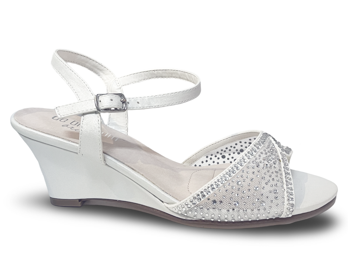 2.5-inch wedge, ankle strap, open-toed, synthetic shimmer, and silver gems. Field-28B by DEBLOSSOM.