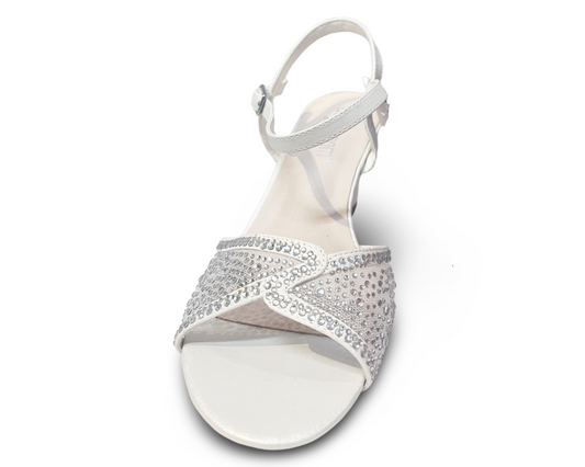 2.5-inch wedge, ankle strap, open-toed, synthetic shimmer, and silver gems. Field-28B by DEBLOSSOM.