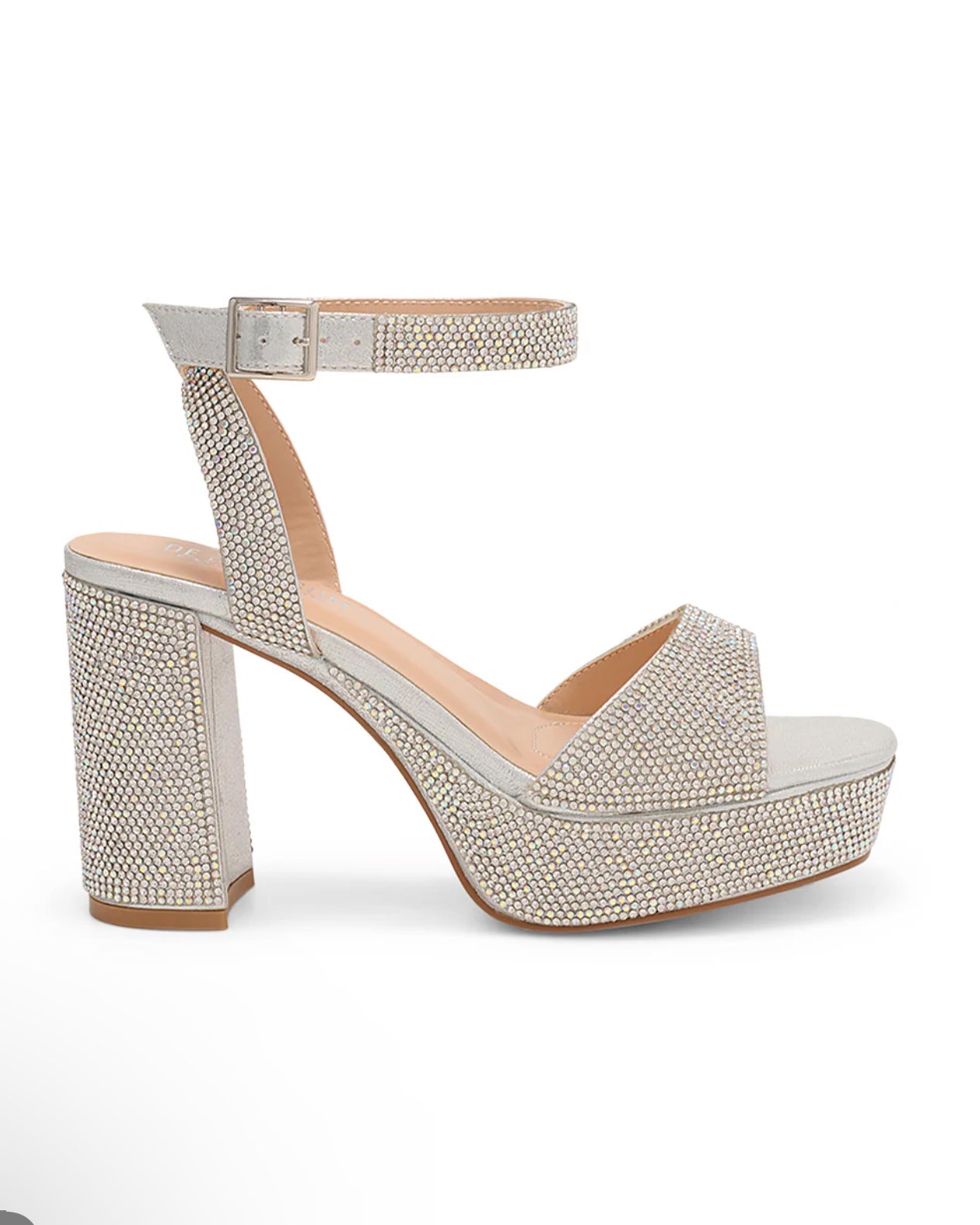 3.5-inch block heel, iridescent rhinestone, buckle straps, cushioned insole. ANYA-1 by DEBLOSSOM.