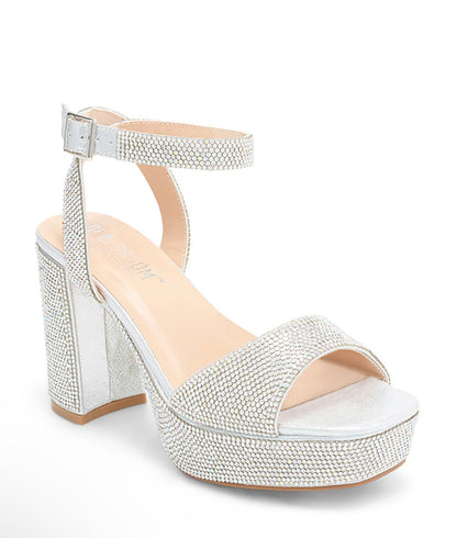 3.5-inch block heel, iridescent rhinestone, buckle straps, cushioned insole. ANYA-1 by DEBLOSSOM.