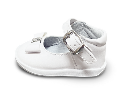 Soft sole, Leather, bow, rhinestones, adjustable buckle strap. AK-691 by ALEGRIA IMPORTS.