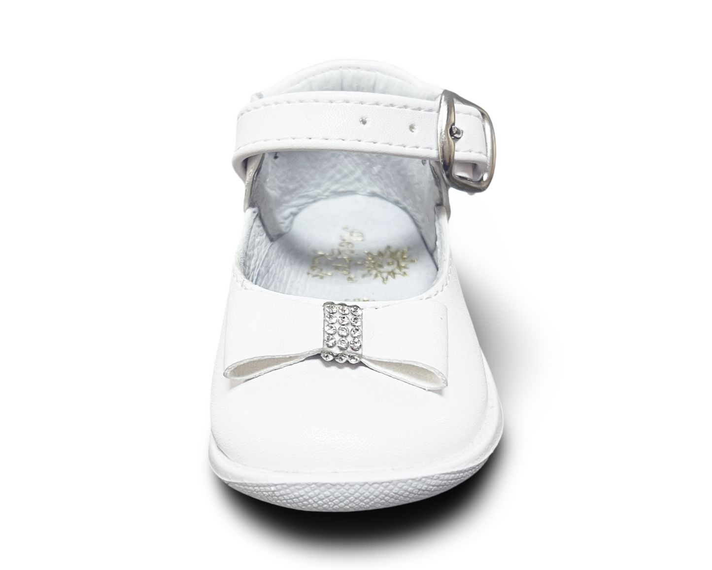 Soft sole, Leather, bow, rhinestones, adjustable buckle strap. AK-691 by ALEGRIA IMPORTS.