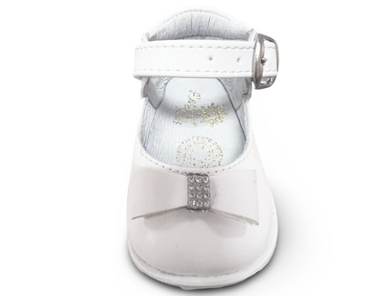 Soft sole, Leather, bow, rhinestones, adjustable buckle strap. AK-691 by ALEGRIA IMPORTS.