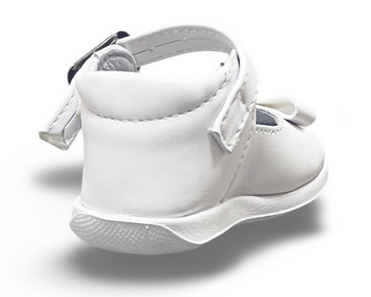 Soft sole, Leather, bow, rhinestones, adjustable buckle strap. AK-691 by ALEGRIA IMPORTS.