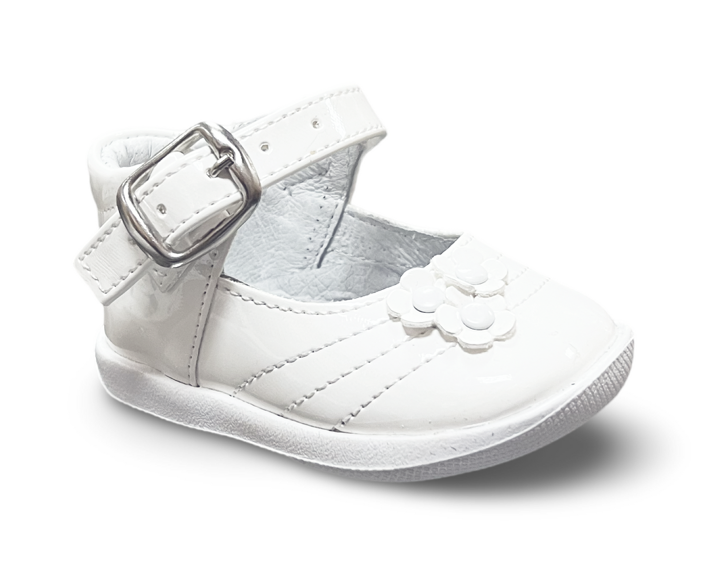 Soft sole, Patent Leather, 3-D flower, adjustable buckle strap. AK-664 by ALEGRIA IMPORTS.