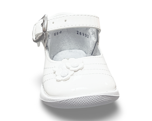 Soft sole, Patent Leather, 3-D flower, adjustable buckle strap. AK-664 by ALEGRIA IMPORTS.