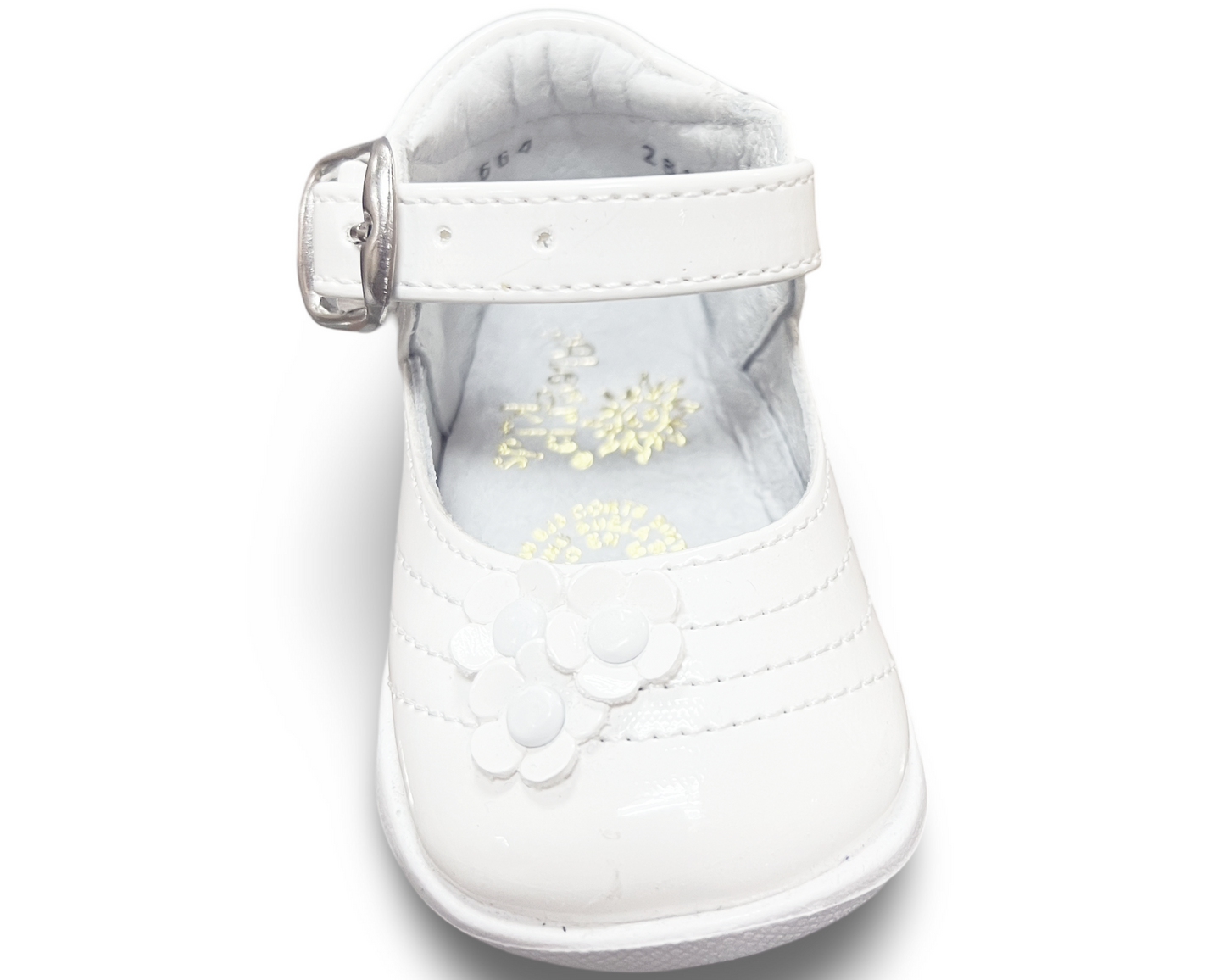 Soft sole, Patent Leather, 3-D flower, adjustable buckle strap. AK-664 by ALEGRIA IMPORTS.