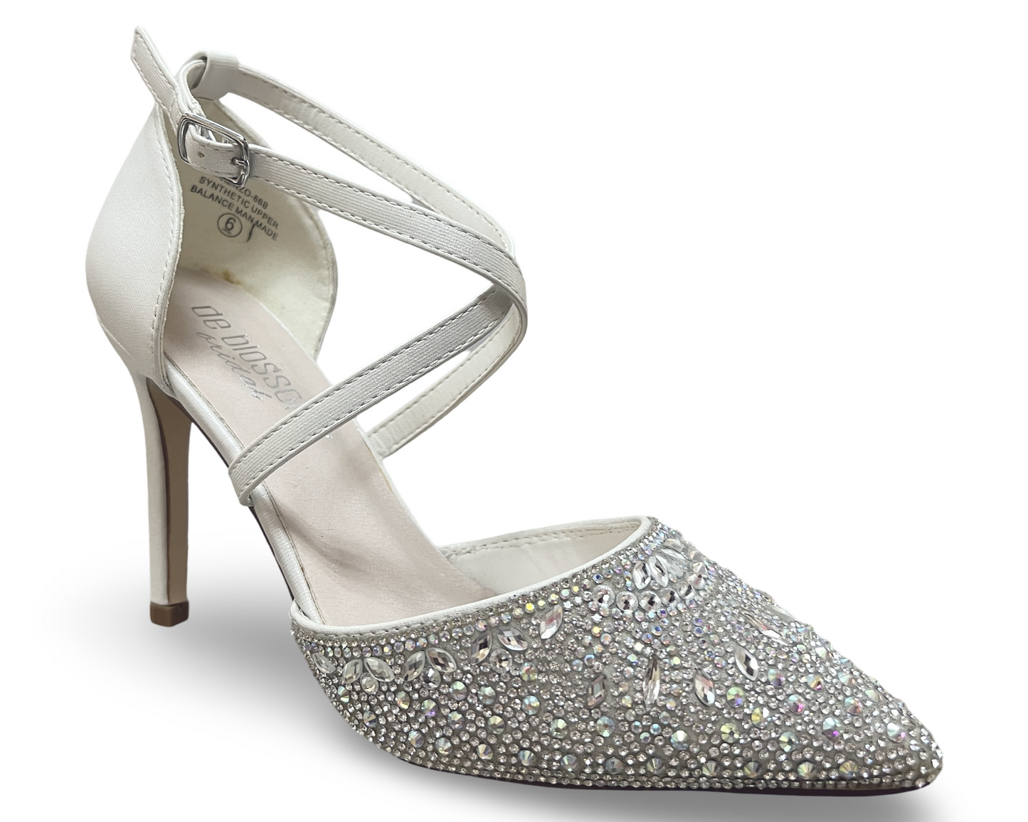 3.75-inch, synthetic shimmer crossed strap and iridescent rhinestones. RENZO-86B by DEBLOSSOM.