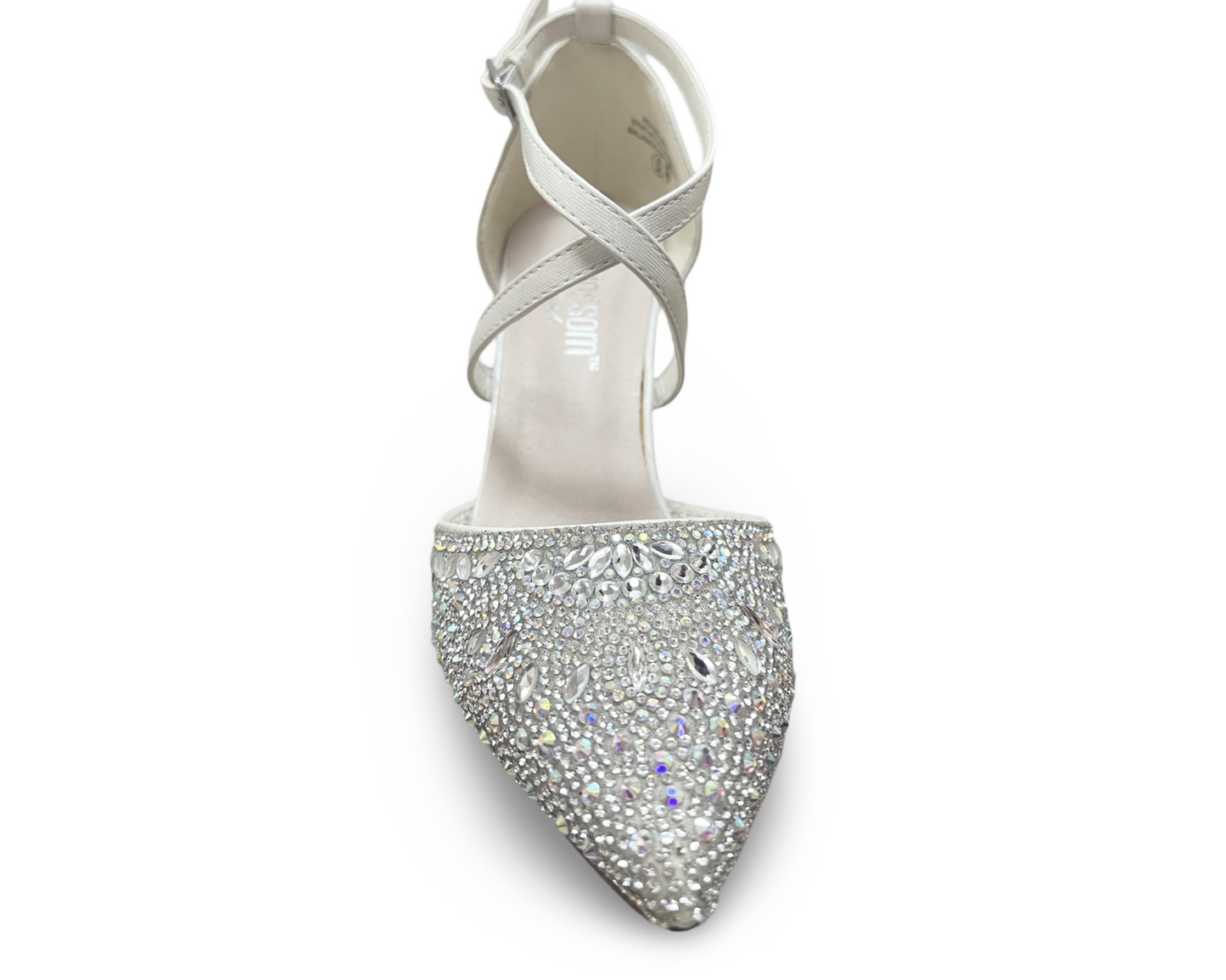 3.75-inch, synthetic shimmer crossed strap and iridescent rhinestones. RENZO-86B by DEBLOSSOM.