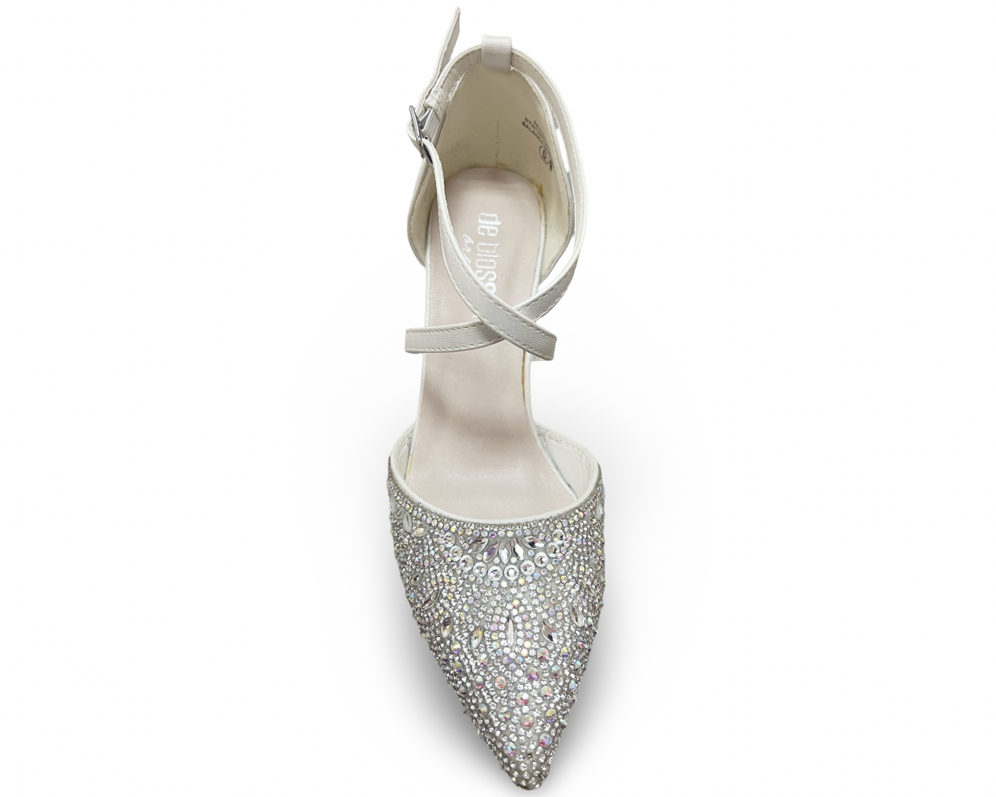 3.75-inch, synthetic shimmer crossed strap and iridescent rhinestones. RENZO-86B by DEBLOSSOM.