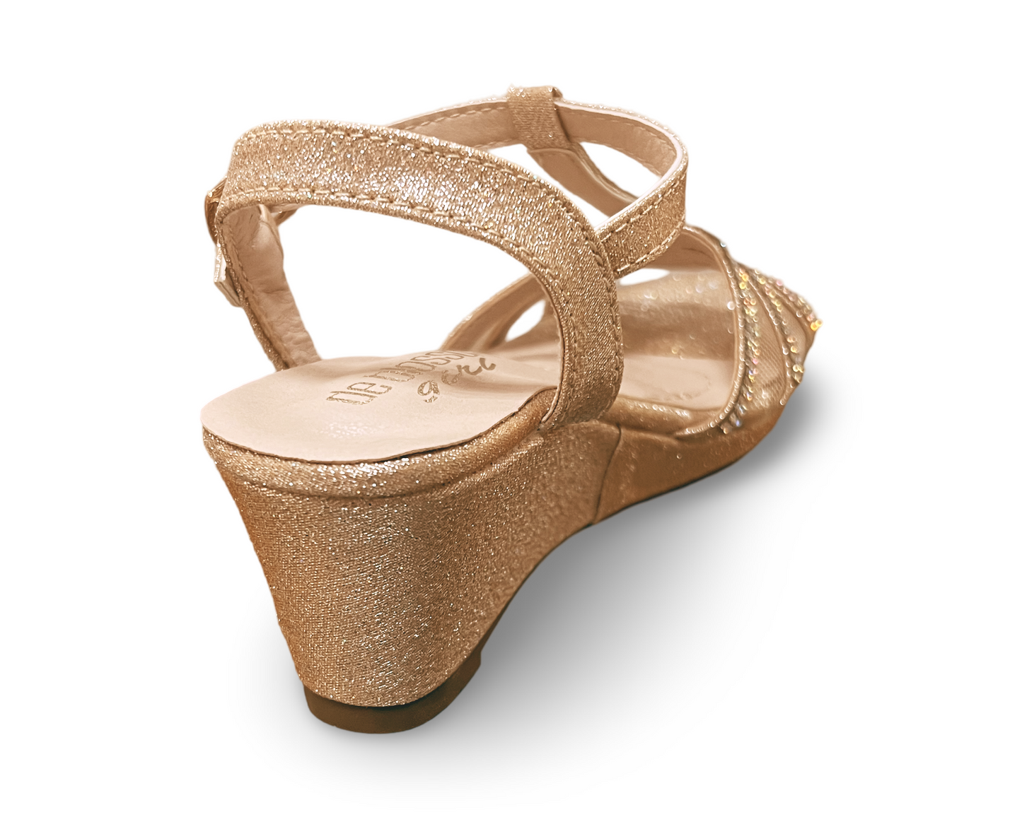 2inch wedge, ankle strap, open-toed, synthetic shimmer, and silver gems. K-CHRISTY-44 by DEBLOSSOM.