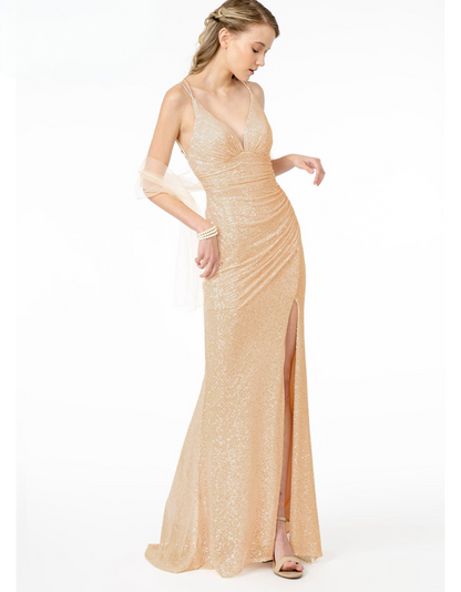 Illusion Deep V-Neck Ruched Sequin Bodycon Dress w/ Slit. GL1814 Elizabeth K