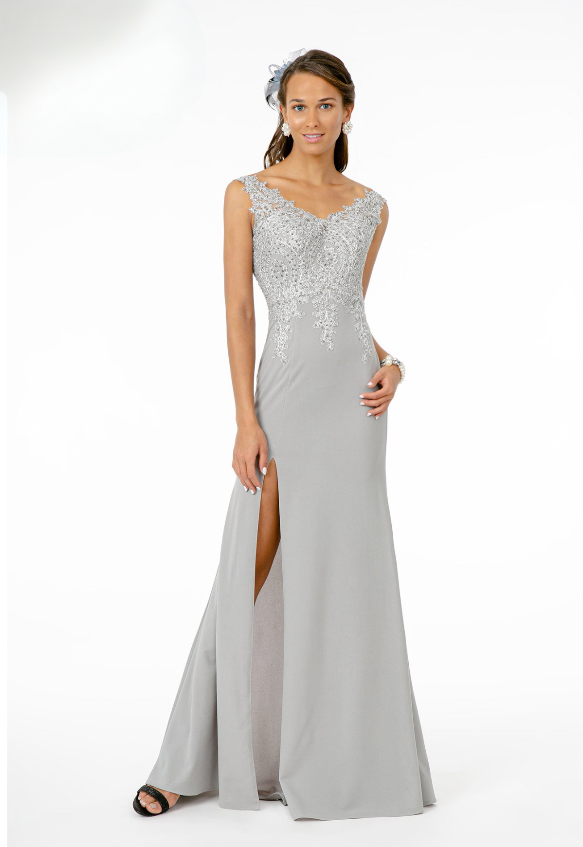 Embroidered Bodice V-Neck Jersey Long Dress w/ Slit. GL1839 By Elizabeth k