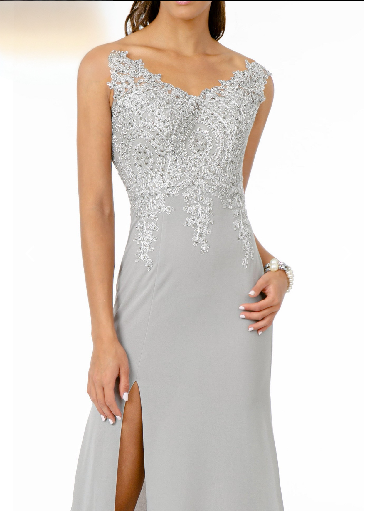 Embroidered Bodice V-Neck Jersey Long Dress w/ Slit. GL1839 By Elizabeth k