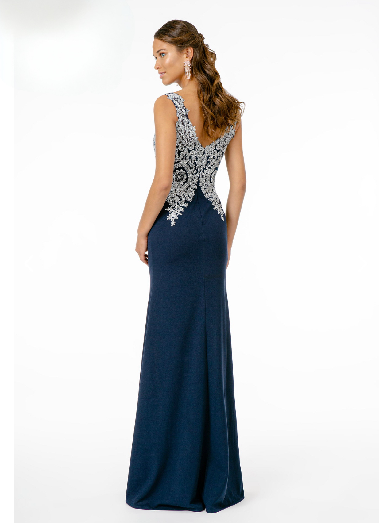 Embroidered Bodice V-Neck Jersey Long Dress w/ Slit. GL1839 By Elizabeth k