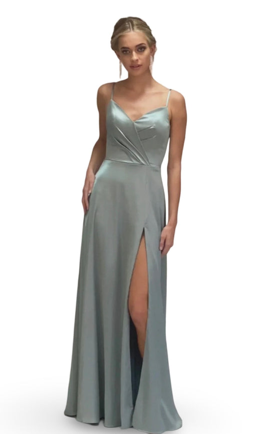 Spaghetti Strap V-Neck Satin A-Line Dress w/ Slit This plain dress is extremely elegant for its simplicity. GL1993 Elizabeth K