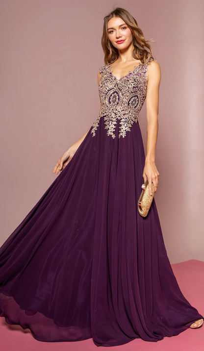 V-Neck Embroidered Chiffon Long Dress GL2311 BY  Elizabeth K