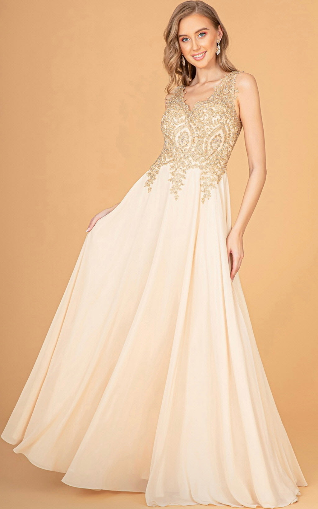 V-Neck Embroidered Chiffon Long Dress GL2311 BY  Elizabeth K