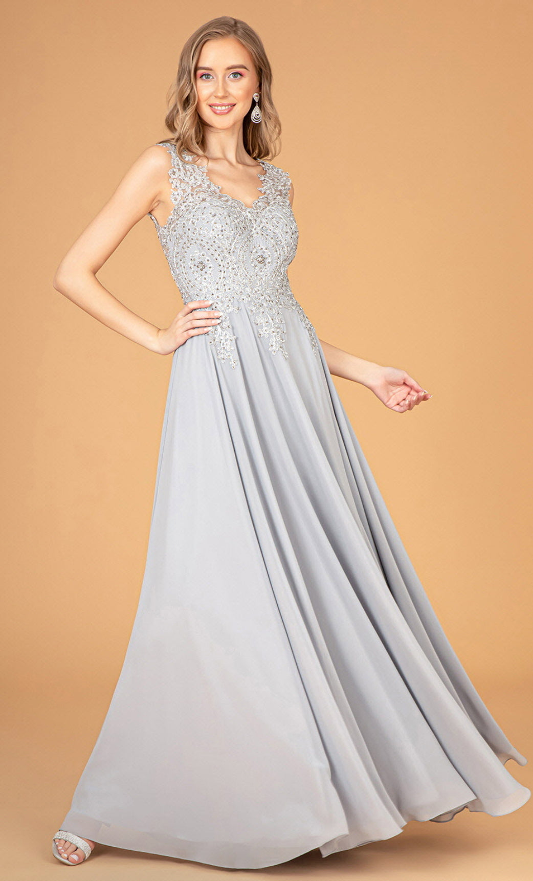 V-Neck Embroidered Chiffon Long Dress GL2311 BY  Elizabeth K