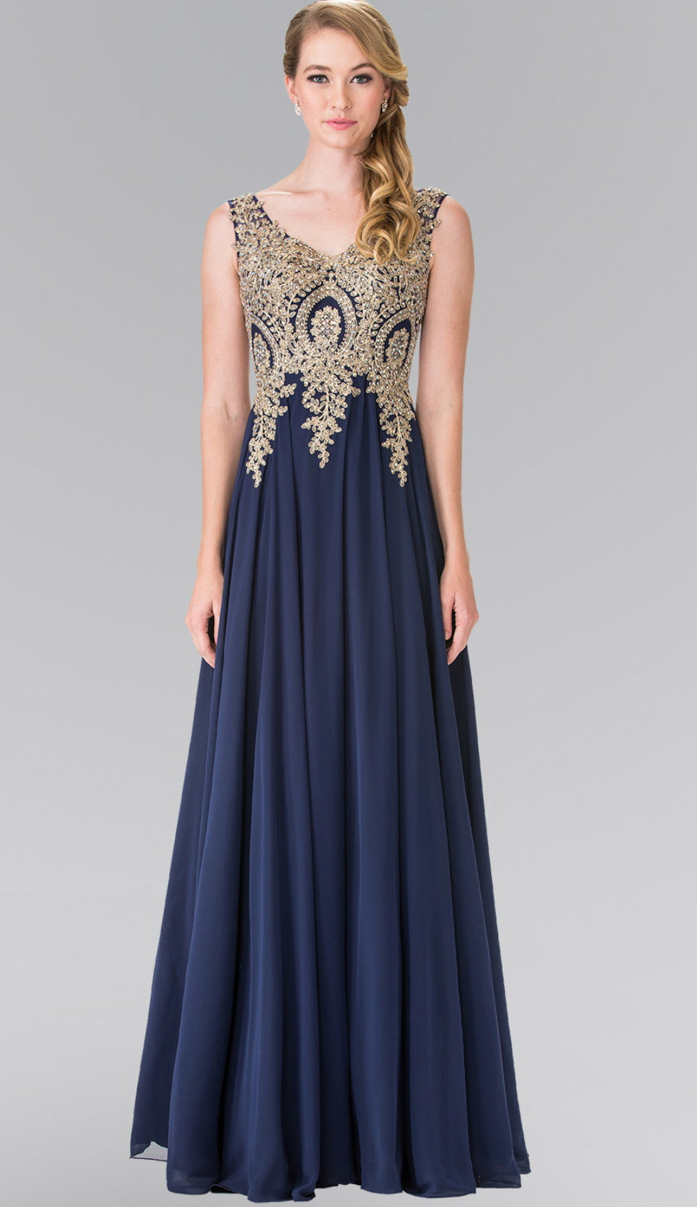 V-Neck Embroidered Chiffon Long Dress GL2311 BY  Elizabeth K