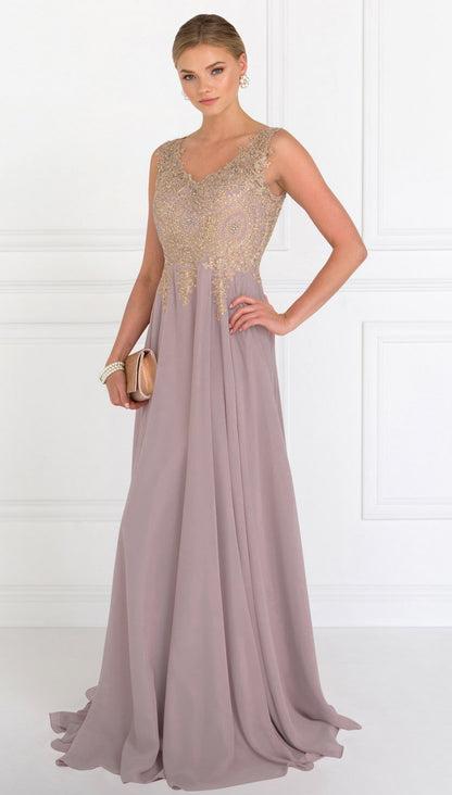 V-Neck Embroidered Chiffon Long Dress GL2311 BY  Elizabeth K