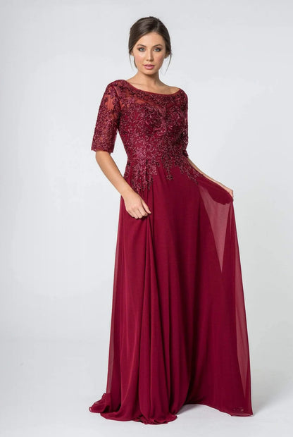 Long mid-sleeve gown with embroidered bodice by Elizabeth k Gl2811