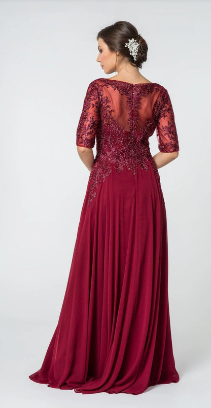 Long mid-sleeve gown with embroidered bodice by Elizabeth k Gl2811