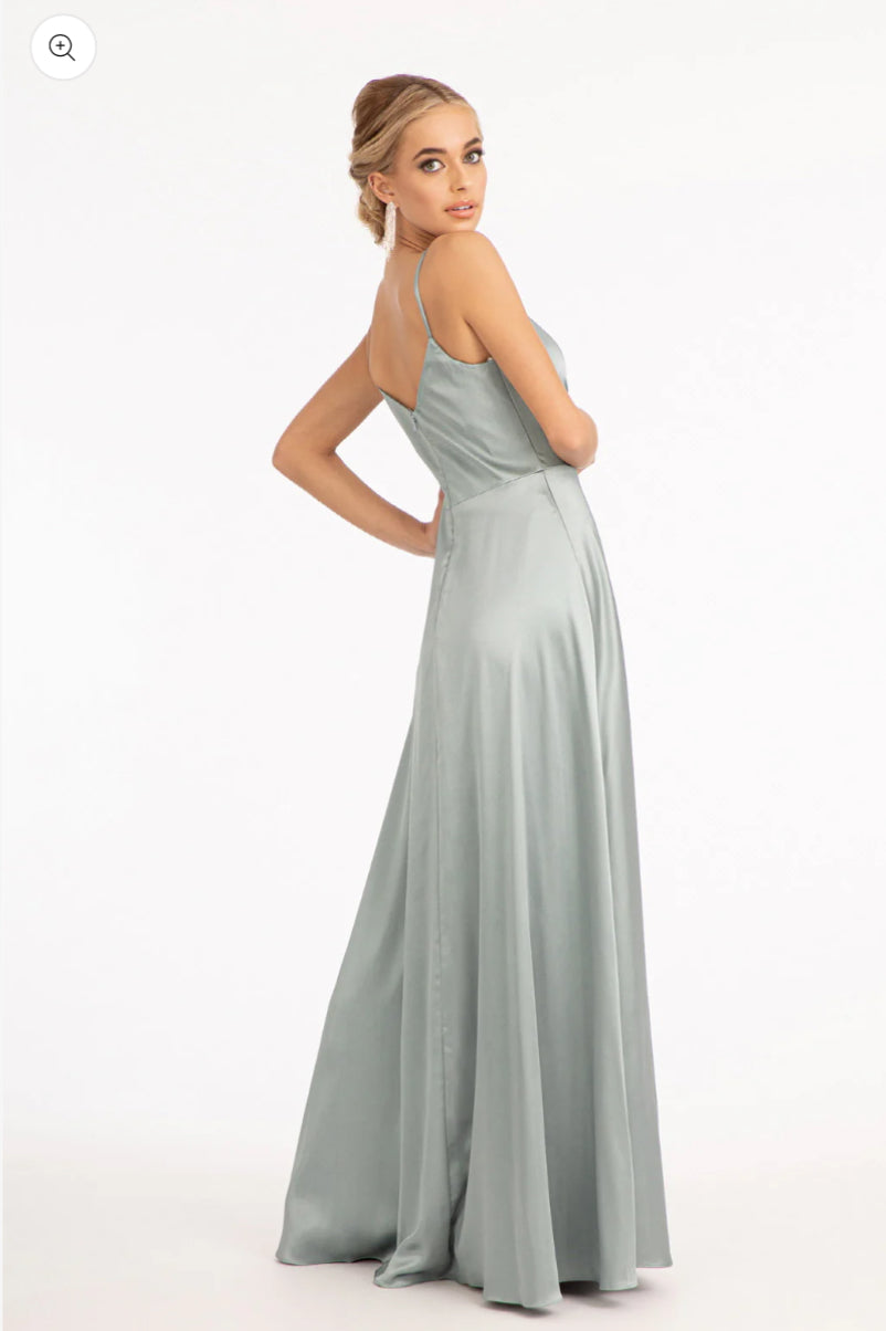 Spaghetti Strap V-Neck Satin A-Line Dress w/ Slit This plain dress is extremely elegant for its simplicity. GL1993 Elizabeth K