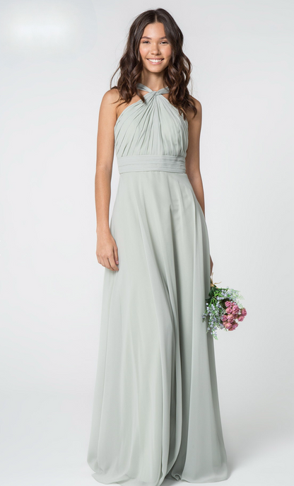 High-Neck Chiffon Ruched-Bodice. The bodice is fitted until it hits waist and flares out gracefully to the floor. The Ruched waistline creates a slim body line. GL2816 Elizabeth K