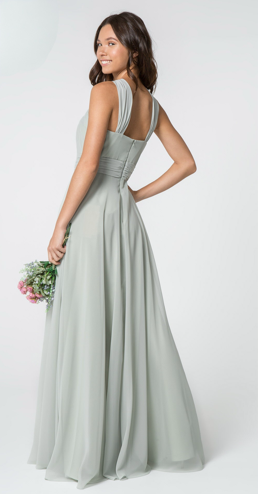 High-Neck Chiffon Ruched-Bodice. The bodice is fitted until it hits waist and flares out gracefully to the floor. The Ruched waistline creates a slim body line. GL2816 Elizabeth K