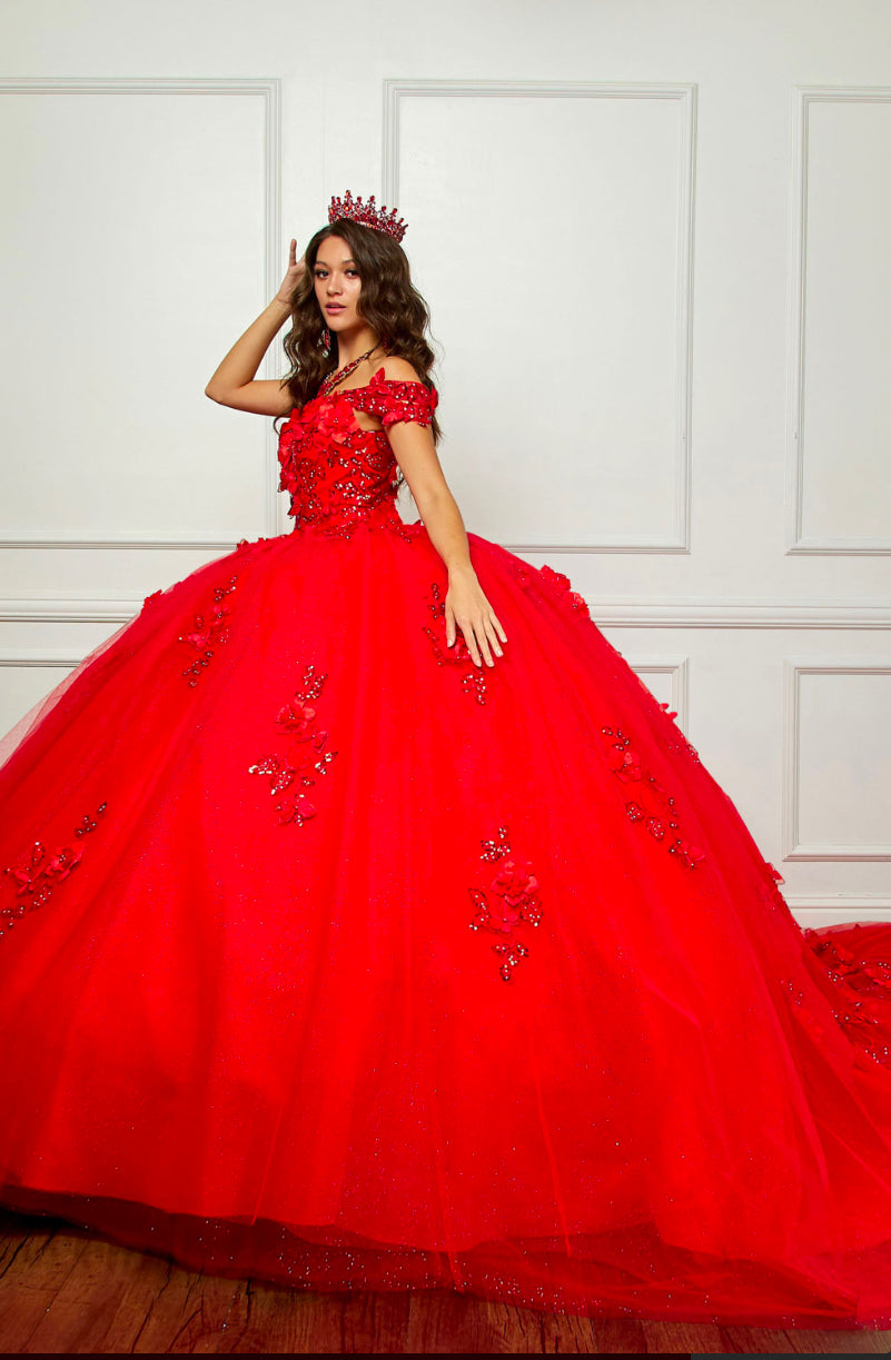 Train, Off Shoulder Quince Dress, 3D design. PQ1028 by Bella Couture