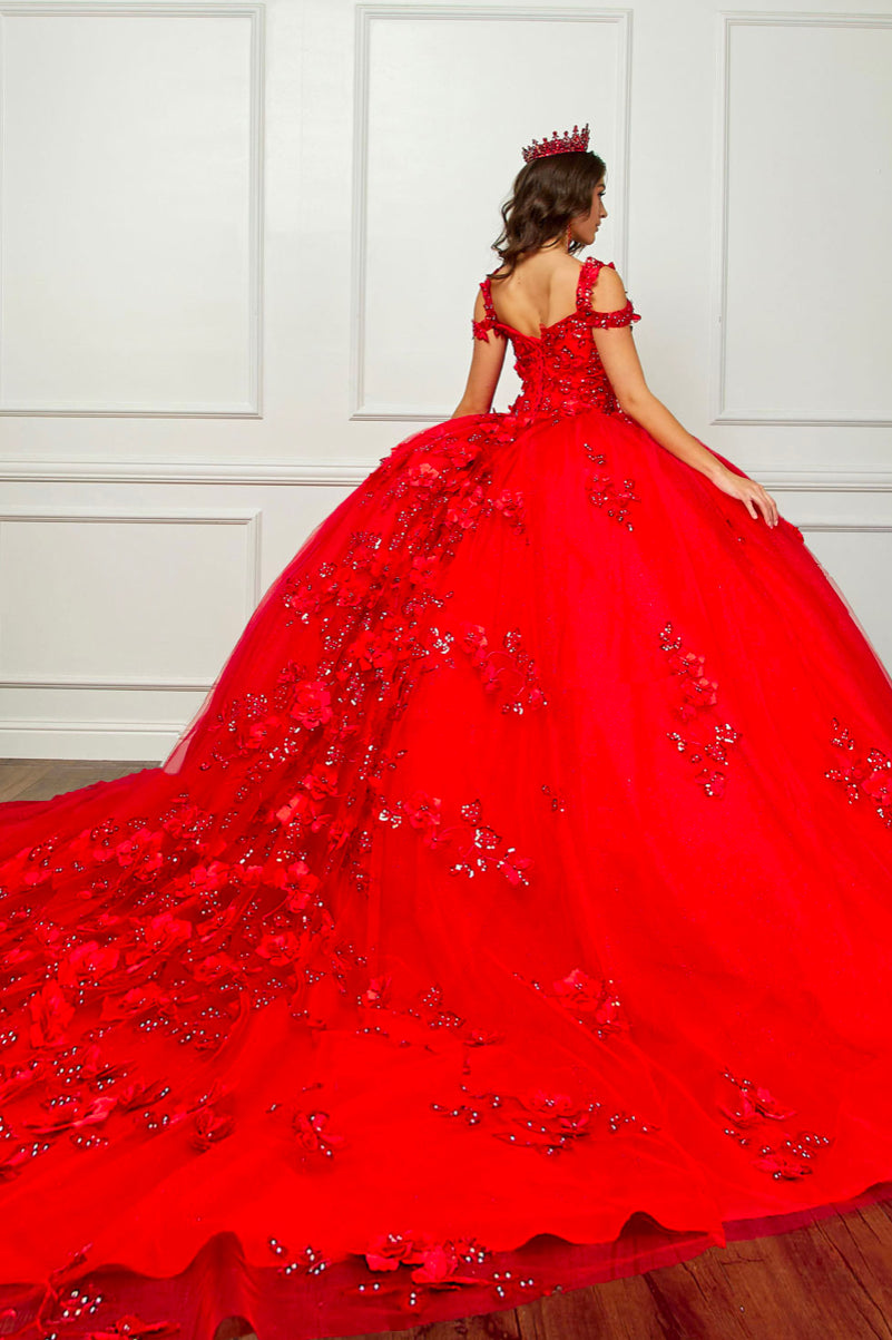 Train, Off Shoulder Quince Dress, 3D design. PQ1028 by Bella Couture