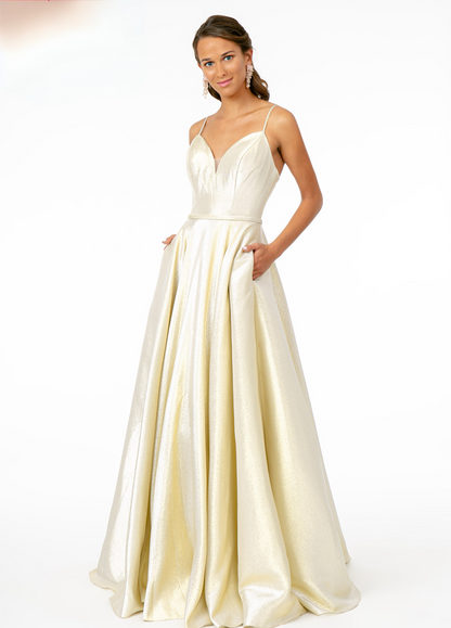 Spaghetti Strap Sweetheart A-Line Long Dress. With bare shoulders and an open neckline. GL2951 Elizabeth K