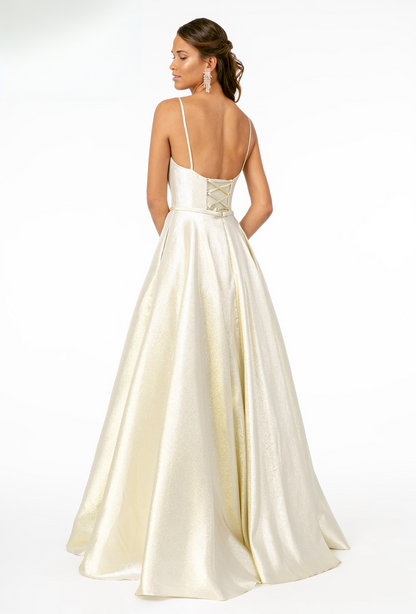 Spaghetti Strap Sweetheart A-Line Long Dress. With bare shoulders and an open neckline. GL2951 Elizabeth K