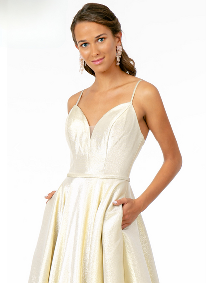 Spaghetti Strap Sweetheart A-Line Long Dress. With bare shoulders and an open neckline. GL2951 Elizabeth K