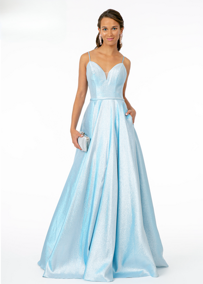 Spaghetti Strap Sweetheart A-Line Long Dress. With bare shoulders and an open neckline. GL2951 Elizabeth K