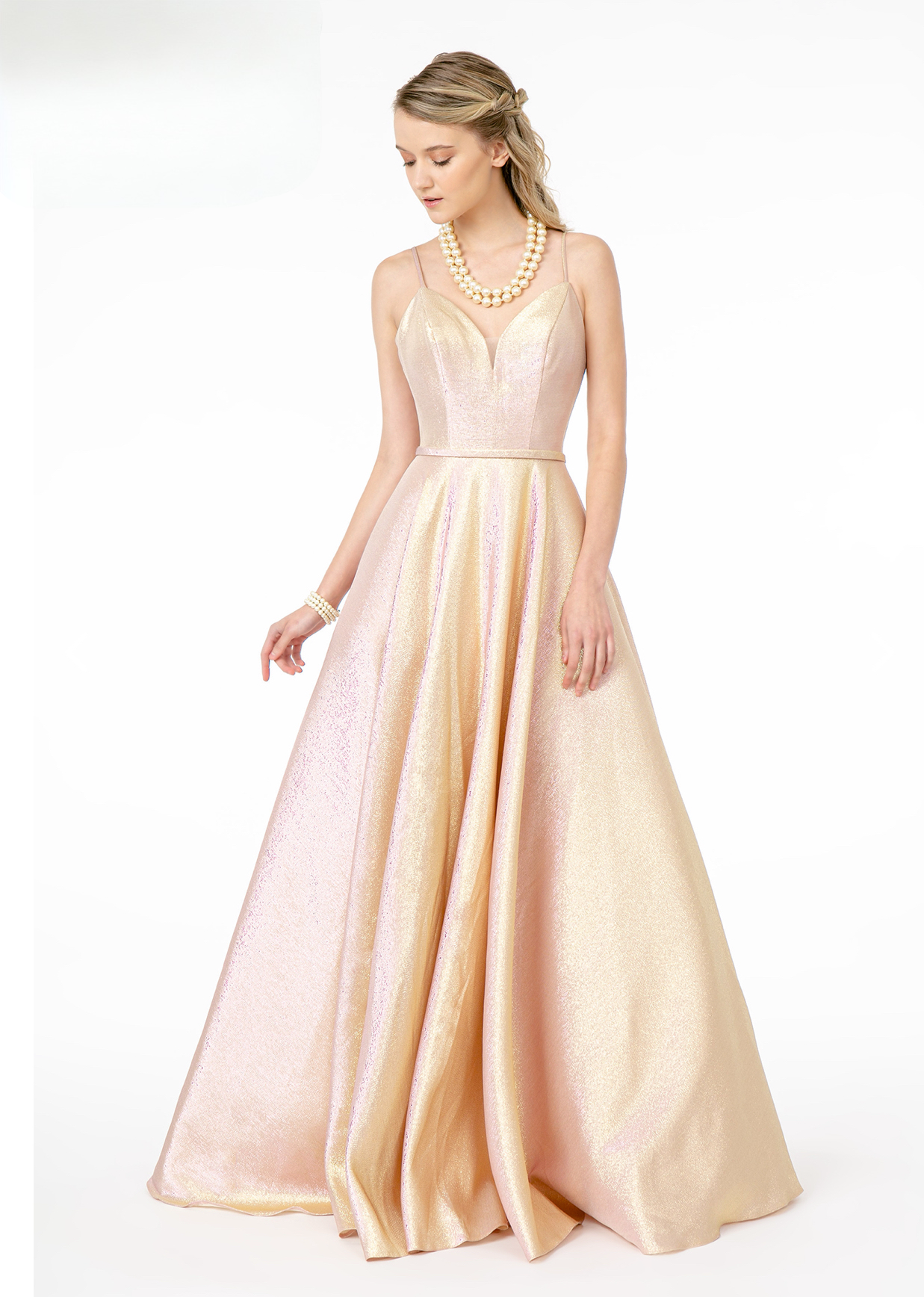 Spaghetti Strap Sweetheart A-Line Long Dress. With bare shoulders and an open neckline. GL2951 Elizabeth K