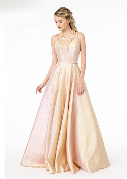 Spaghetti Strap Sweetheart A-Line Long Dress. With bare shoulders and an open neckline. GL2951 Elizabeth K